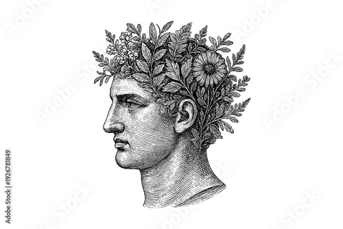 Intricate vintage engraving of a classical bust with floral headpiece