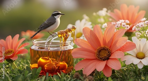 Bird enjoying honey in vibrant garden with colorful flowers