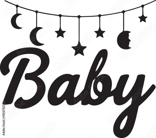Adorable moon and stars baby name sign design perfect for nursery decor, baby room wall art, and personalized gifts.
