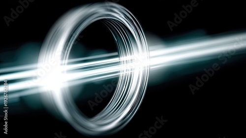 Blurry light beam with white and blue edges suggests movement against a black background, offering a simple yet powerful design element