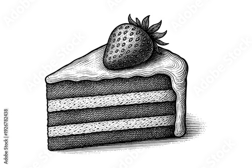 Detailed hand drawn cake slice with strawberry on top in engraved style
