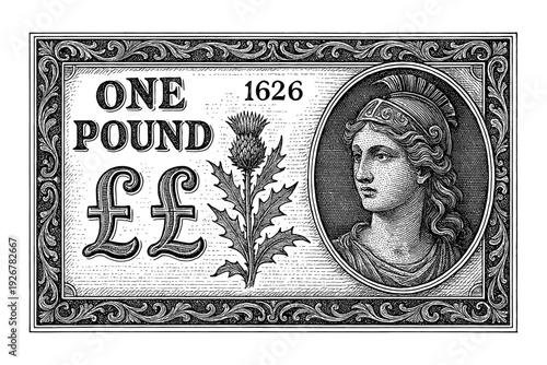 Vintage currency design with classical figure and floral motif