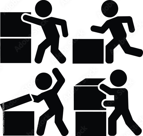 Illustrations of people engaging in various box moving and lifting activities