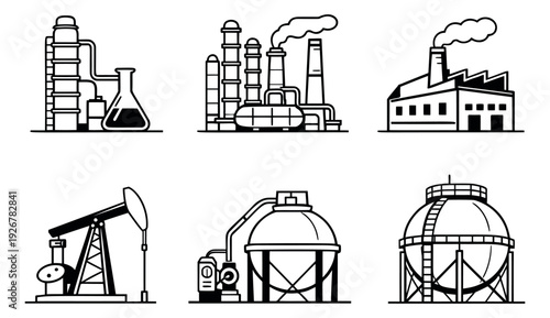 Minimalist line art industrial icons set featuring industrial plants, oil rig, and storage tanks for industry, manufacturing, and energy production