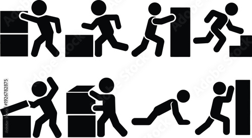 Cartoon figures interacting with various obstacles in a sequential manner