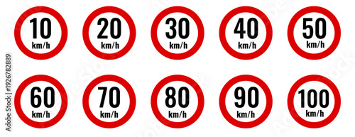 A collection of traffic speed limit signs from 10 -100 km/h. Speed ​​limit icons in traffic signs.