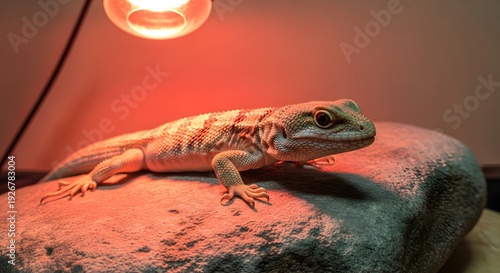 A bearded dragon lies on a rock under a warm heat lamp in a terrarium setup indoors