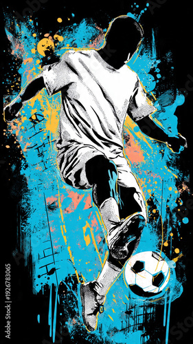 Dynamic stylized soccer player kicking a football with powerful energy, depicted in a cool artistic grunge splatter style, ready for intense action on transparent background. on transparent background