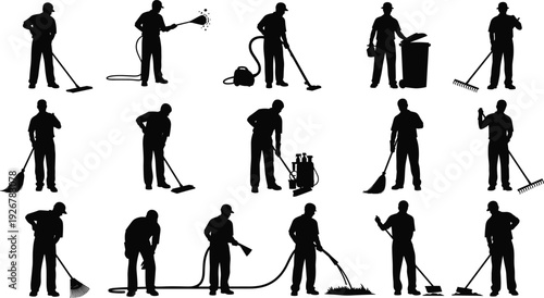 Set of cleaning service worker silhouettes using brooms, vacuum cleaners, and pressure washers, professional janitorial and maintenance crew vector illustration, isolated