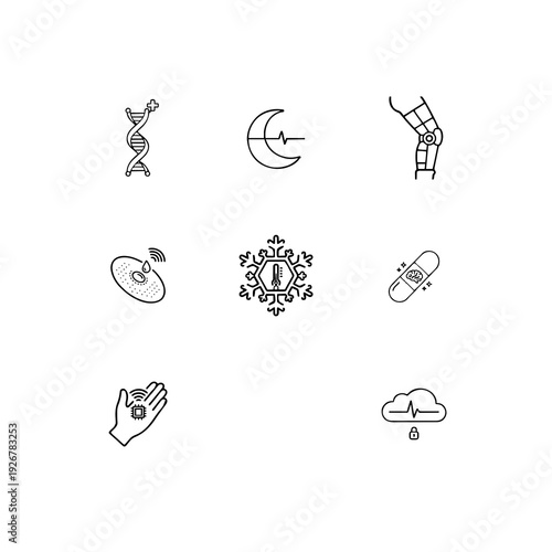Biohacking and human enhancement linear icon set, smart implants, genetic optimization and wearable health tech vector symbols