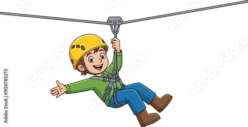 WebHappy cartoon boy wearing yellow safety helmet and harness sliding on zipline, outdoor adventure activity fun park vector illustration, isolated