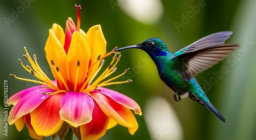 Vibrant hummingbird sips nectar from colorful tropical flower in mid-air
