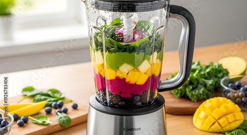 Preparing a nutritious smoothie with layered fruits and greens in a blender on a kitchen counter