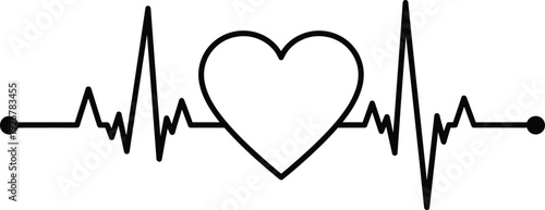 Heartbeat line pulse with heart shape icon, medical EKG ECG cardiogram rhythm vector illustration, health and medicine concept, isolated black graphic