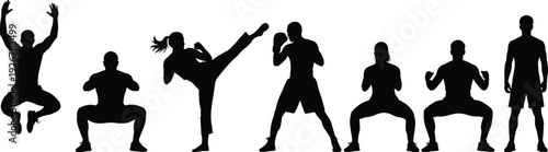 Set of fitness athlete silhouettes performing squats, jumping, boxing, and martial arts high kicks, sports workout training exercise vector illustration, isolated
