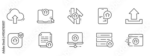 Outline upload icons for cloud file transfer, data backup, sync, wifi network; web, mobile, laptop, browser; arrows, folders, editable stroke