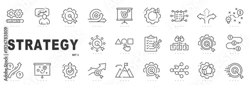 Outline strategy icon set for business planning, marketing analysis, goal setting, growth management, workflow optimization, editable stroke, minimal modern line style.