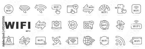 Outline wifi icon set illustrating wireless networks, signal strength, speed, connectivity and data transfer, editable stroke line style for UI design
