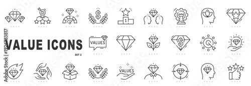 Outline value icon set highlighting business values, trust, growth, and excellence through diamond symbols, clean line icons with editable stroke design.