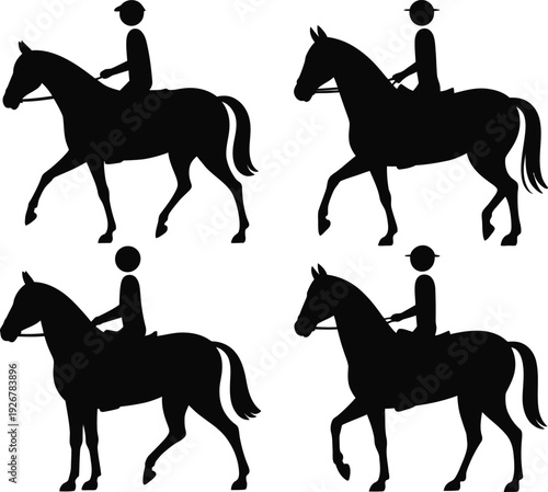 Four silhouettes of riders on horses in different postures and stances