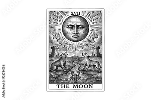 Vintage tarot card featuring the moon with wolves and towers in etched style