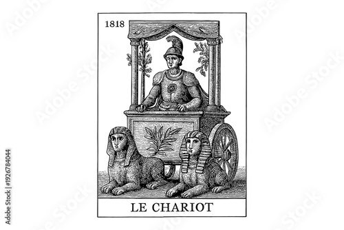 Vintage tarot card illustration: the chariot with roman soldier and sphinxes