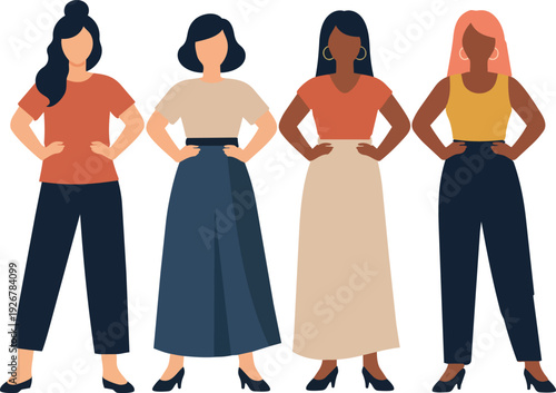 Modern flat vector illustration of confident women standing side by side in stylish outfits.