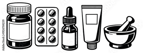 Hand drawn line art pharmacy set featuring a pill bottle, blister pack, dropper bottle, ointment tube, and mortar and pestle for medical treatment