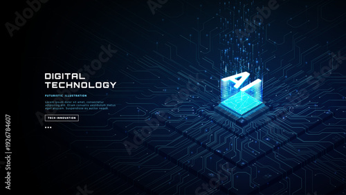 Abstract AI processor on circuit board with neon glowing lines. Isometric 3D microchip, futuristic semiconductor technology background, digital data and innovation concept.