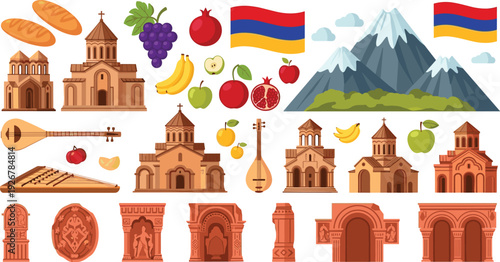 Armenia Culture and Landmarks Vector Set Featuring Traditional Architecture, National Symbols, Musical Instruments, Fruits, Mountains, and Flag Illustrations