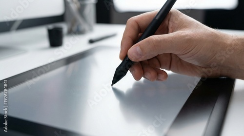 Hand of a man using a stylus pen on a professional graphics tablet in a bright office, creative designer concept, digital art, technology.