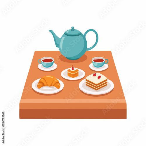 A delightful tea time spread featuring pastries and hot beverages on a wooden table