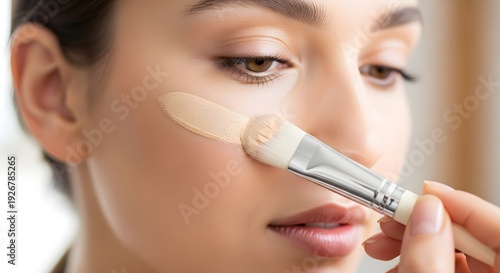 Woman applying foundation with a brush to her cheek in a close-up shot
