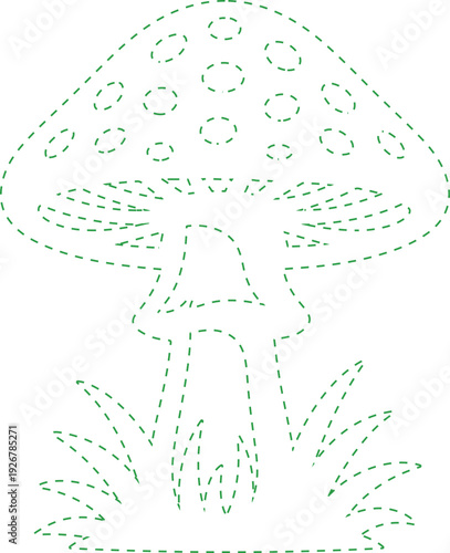Green Dashed Amanita Mushroom Vector Stitch Art Illustration
