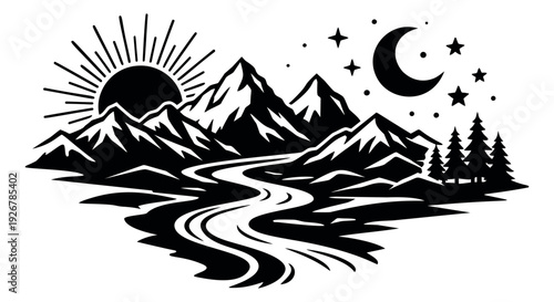 Line art illustration of a mountain landscape depicting sun and moon over a river for nature and travel