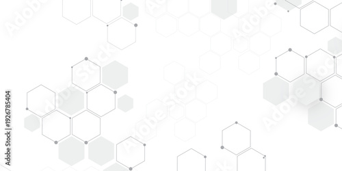 Molecular structure abstract tech background. Geometric white background. Vector banner design with hexagons. Science network pattern, connecting lines and dots Medical background, Vector illustration