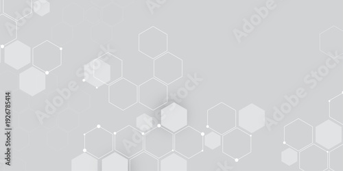 Molecular structure abstract tech background. Geometric grey background. Vector banner design with hexagons. Science network pattern, connecting lines and dots Medical background, Vector illustration	