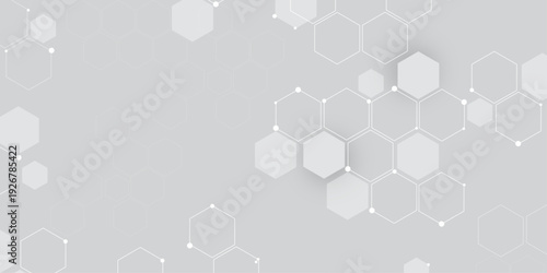 Molecular structure abstract tech background. Geometric grey background. Vector banner design with hexagons. Science network pattern, connecting lines and dots Medical background, Vector illustration	