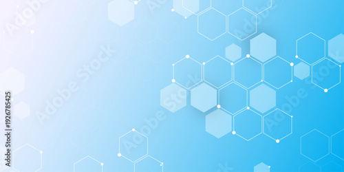 Molecular structure abstract tech background. Geometric blue background. Vector banner design with hexagons. Science network pattern, connecting lines and dots Medical background, Vector illustration	