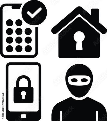 Icons representing security measures for homes and digital devices
