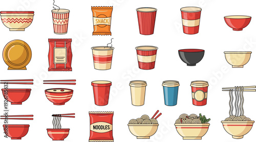 Asian Noodle Bowl and Takeaway Container Icon Set Featuring Ramen Cups, Paper Bowls, Chopsticks, Snacks, and Fast Food Packaging Vector Design
