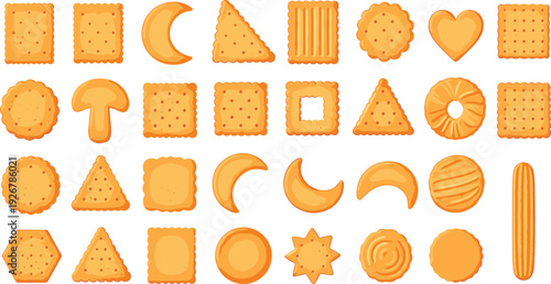 Assorted Cookie and Biscuit Shape Icon Set Featuring Round Square Heart Star and Crescent Baked Snacks for Bakery Packaging and Vector Design