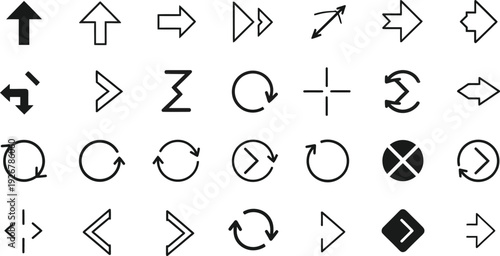 Set of modern arrow icons, including directional pointers, rotation symbols, and zoom indicators on white.