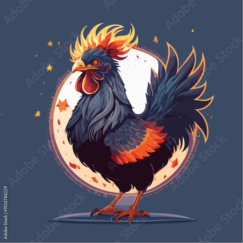 Celestial rooster with a blazing fire mane and a full moon backdrop