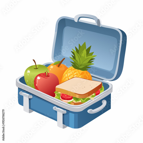 Open blue lunchbox packed with a healthy sandwich and fresh fruit for a nutritious meal