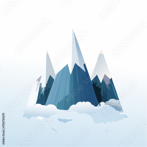 Stylized illustration of majestic blue mountain peaks rising above a serene cloudscape, depicting natural grandeur and tranquility in an artistic design