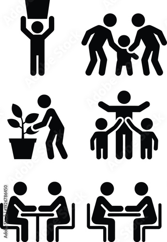 Various icons depicting teamwork and collaborative activities in a workplace setting