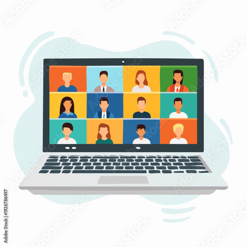 Virtual team meeting on laptop screen, showcasing remote work and online collaboration through video conference call