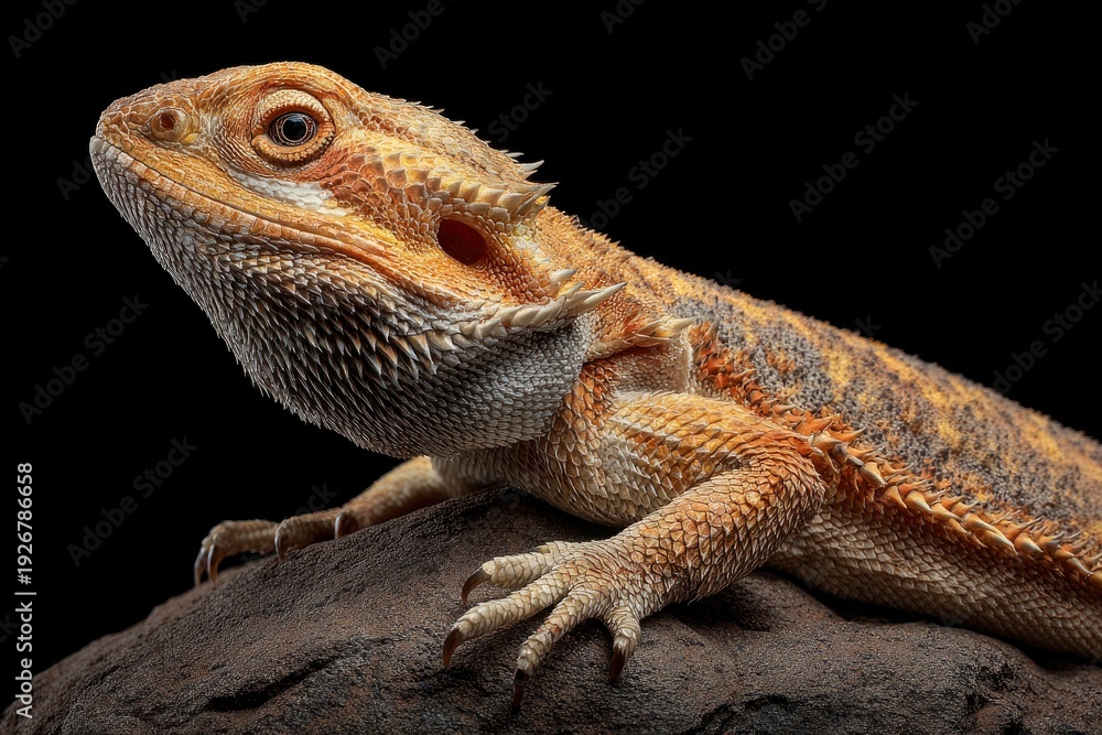 Obraz premium A captivating close-up captures an exotic reptile with intricate scales and prominent spikes, showcasing its unique textured skin in shades of orange, yellow, and brown. The animal is poised gently on