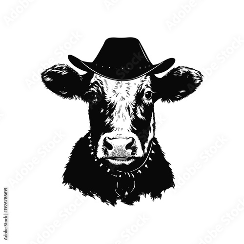 Black and white hand drawn illustration of a cow head with a cowboy hat and studded necklace in retro vintage style vector art